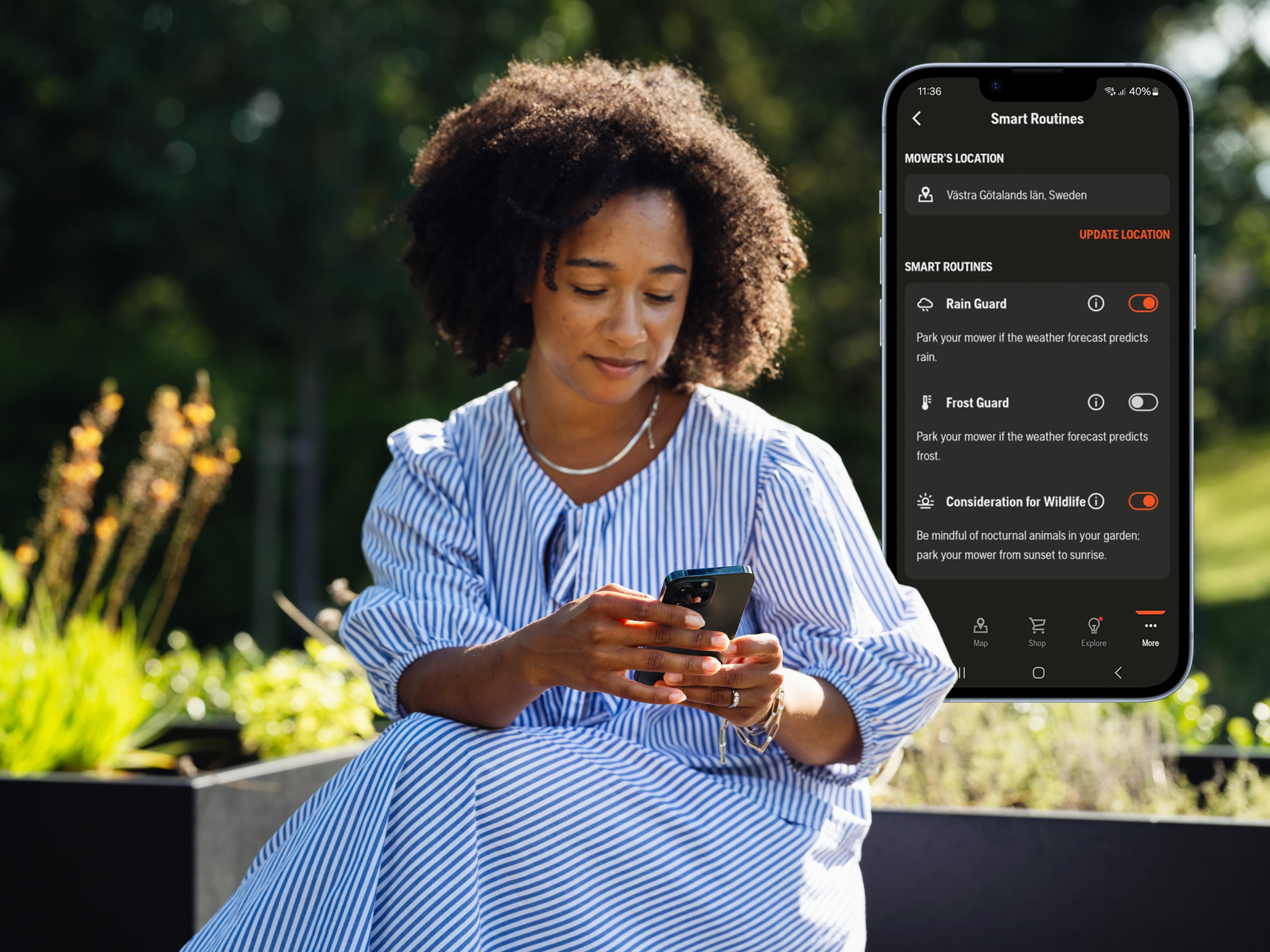 Use Automower® Smart Routines in the Automower® Connect app to enhance your lawn care experience. Whether you want to park the mower automatically when the weather forecast shows heavy rain or frost, or be mindful of nocturnal animals by adjusting the mowing schedule to only mow during the day, with Smart Routines, you can seamlessly manage routines via the app. image